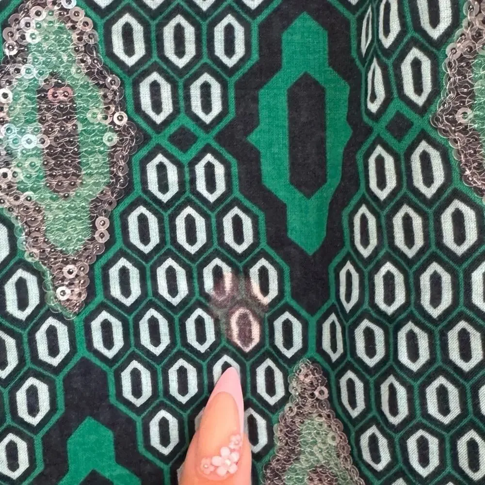 Tory Burch Women's Geometric Sequin 3/4 Sleeve‎ V Neck Tunic Sz 4 Green, Sparkle